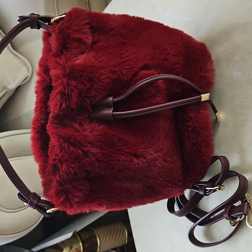 Street Level Red Faux Fur Bucket Bag